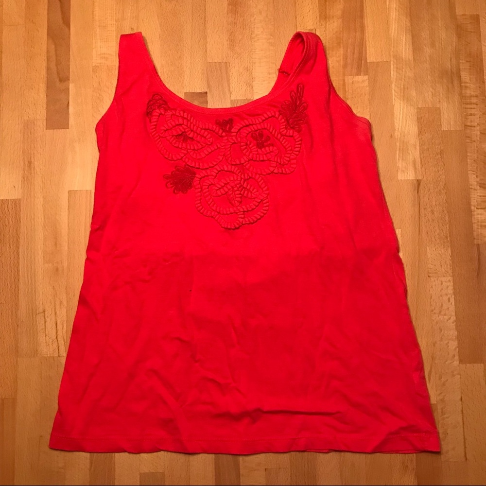 Bright coral cotton tank top with embroidery.